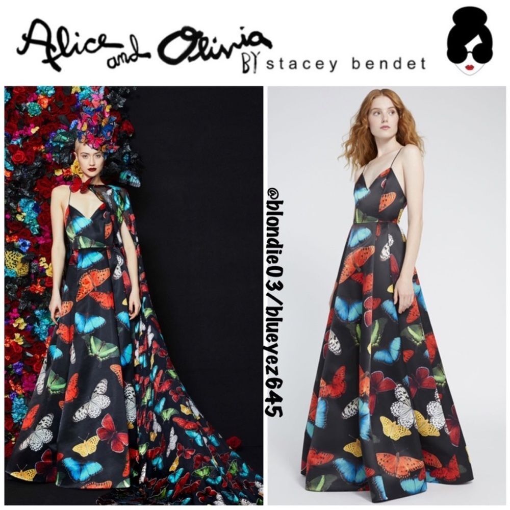 Alice + Olivia Black Maxi Dress with Multicolor Butterfly Print